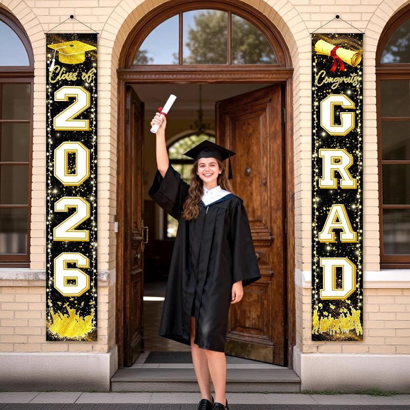 Black Gold Graduation Decorations Class of 2026 Congrats GRAD Porch Sign Banner gallery