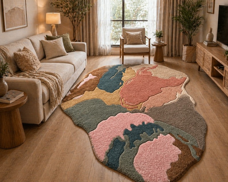 Abstract Hand Tufted Wool Rug Irregular Modern Shape Carpet Living Room Hallway gallery