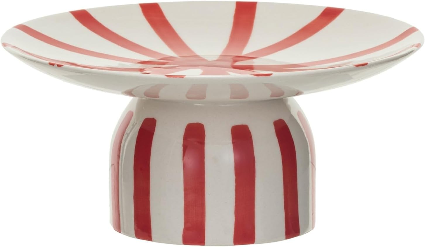 Creative Co-Op Hand-Painted Stoneware Pedestal with Stripes, Red and Cream Color gallery