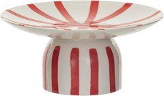 Creative Co-Op Hand-Painted Stoneware Pedestal with Stripes, Red and Cream Color