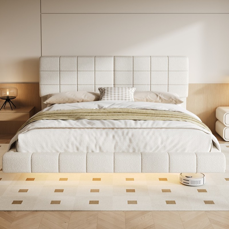 White Boucle Floating Bed Frame King Size Pine Wood Fabric Upholstered gallery
