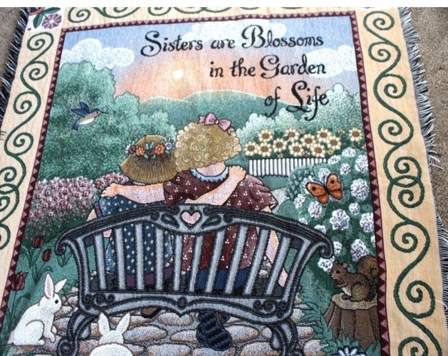 TAPESTRY THROW MULTICOLOR "SISTERS ARE BLOSSOMS IN THE GARDENT" 50 X 57" New gallery
