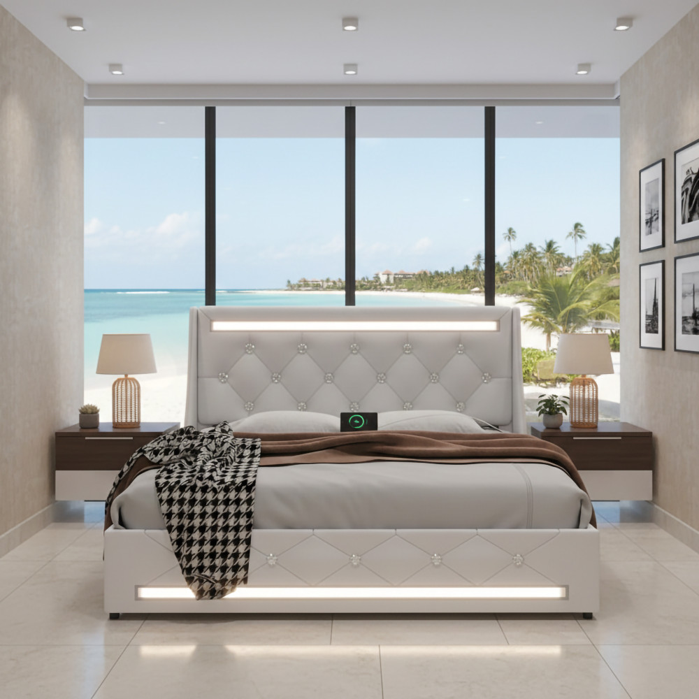 Queen Size Bed Frame with LED Lights, Upholstered Bed Frame gallery