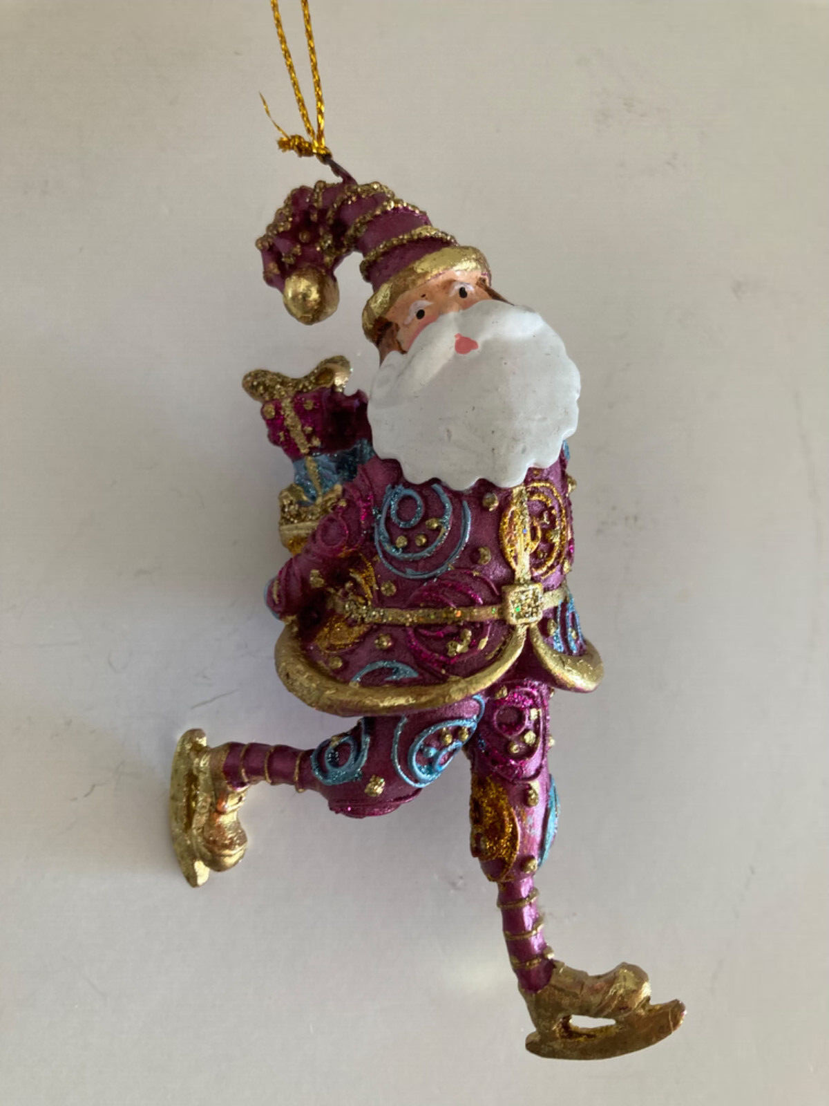 Whimsical Santa Claus Ice Skates Christmas Ornament Purple Gold Resin 4.5" EUC gallery
