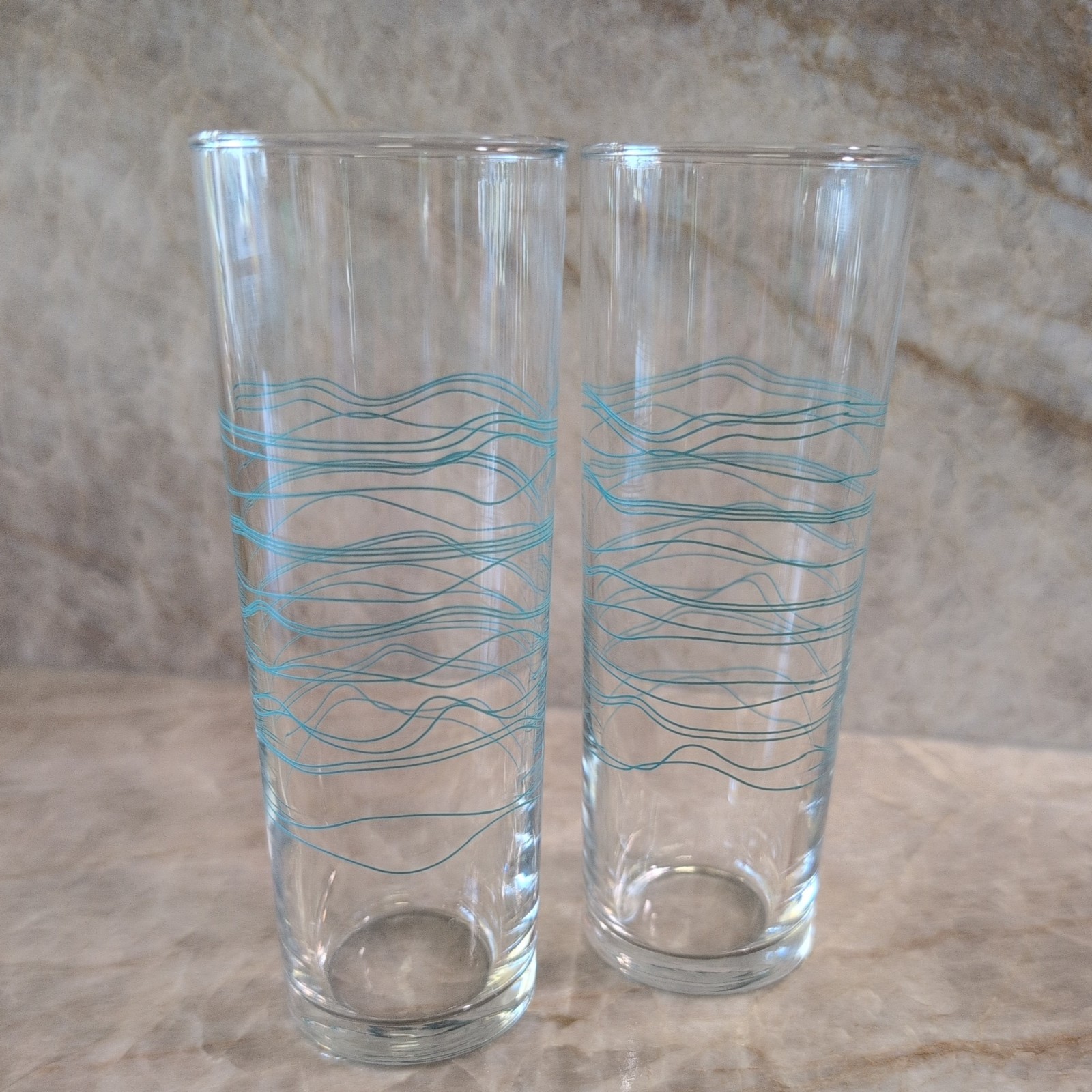 Mid Century Modern Atomic Style Aqua Turquoise Collins Pair of Tall Glasses gallery