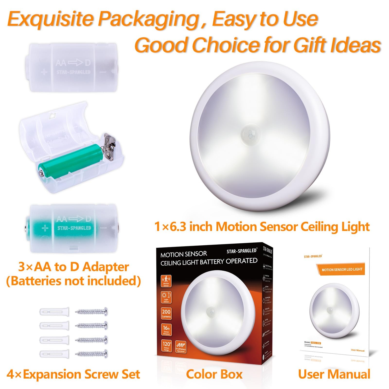 6.3” Motion Sensor Ceiling Light Indoor AA or D-Cell Battery Operated for Hal... gallery