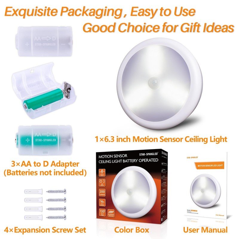 6.3” Motion Sensor Ceiling Light Indoor AA or D-Cell Battery Operated for Hal... gallery