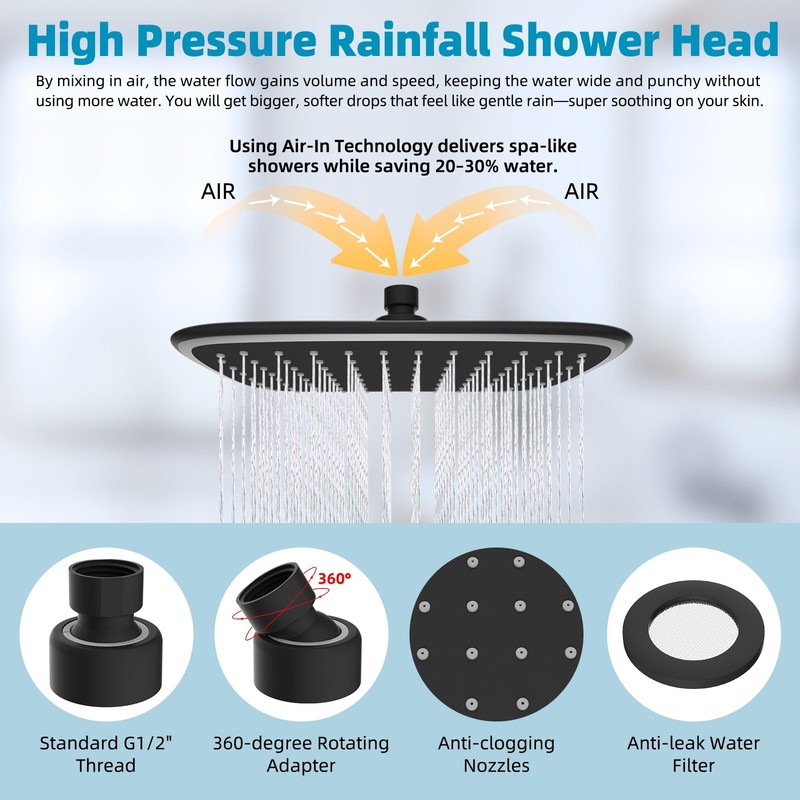 10" Rainfall Shower Head with 12" Shower Head Extension Arm Adjustable Black gallery