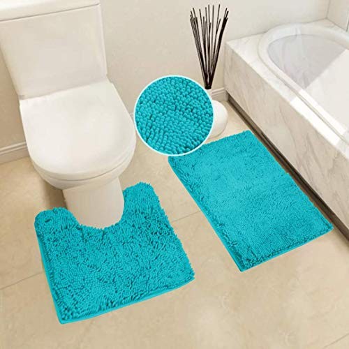 Chenille Soft Rug Anti-Slip Bath Set Includes Bath Mat, Contour Mat, Turquoise gallery