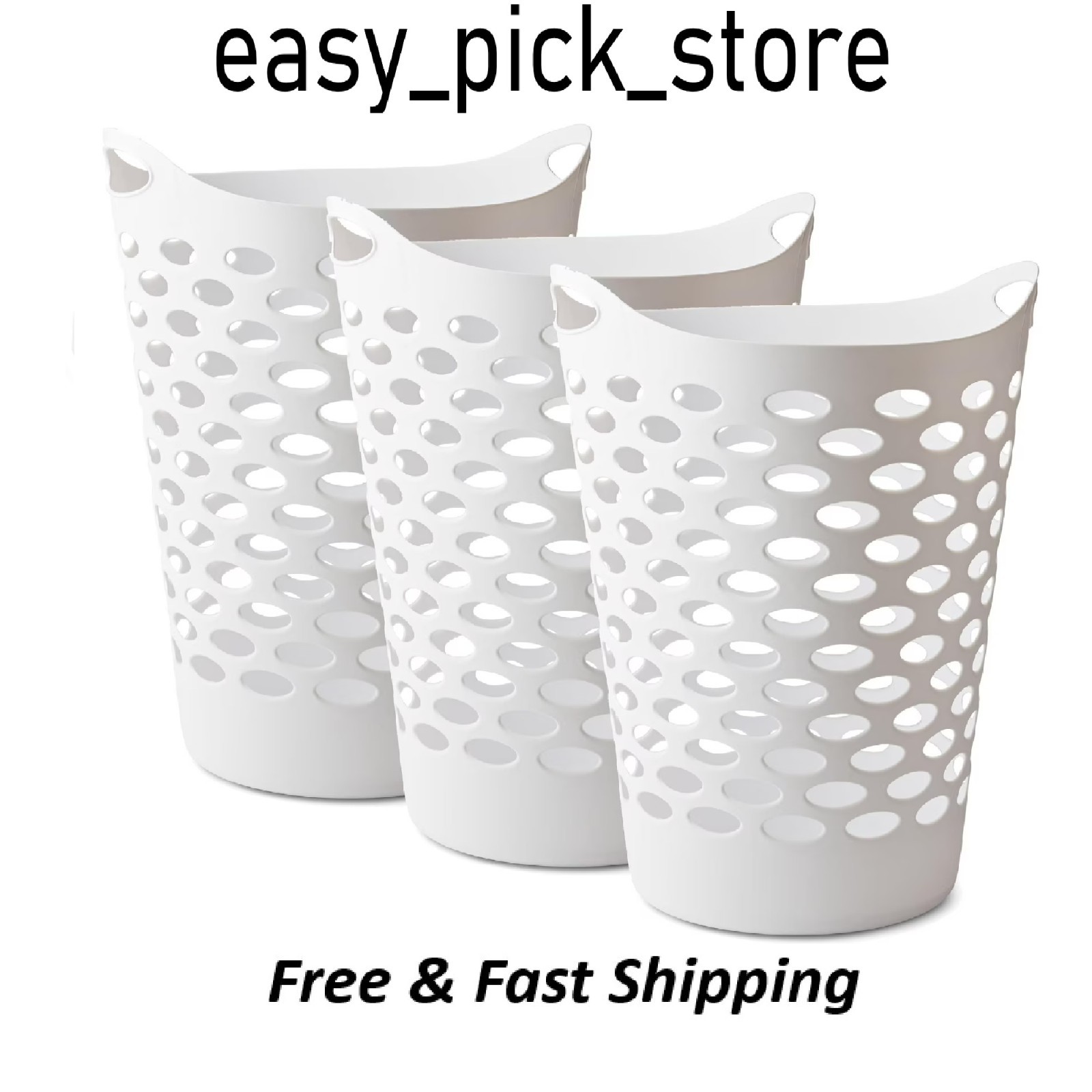 (3 pack) Mainstays Plastic Round Laundry Hamper, White, with Carrying Handles gallery