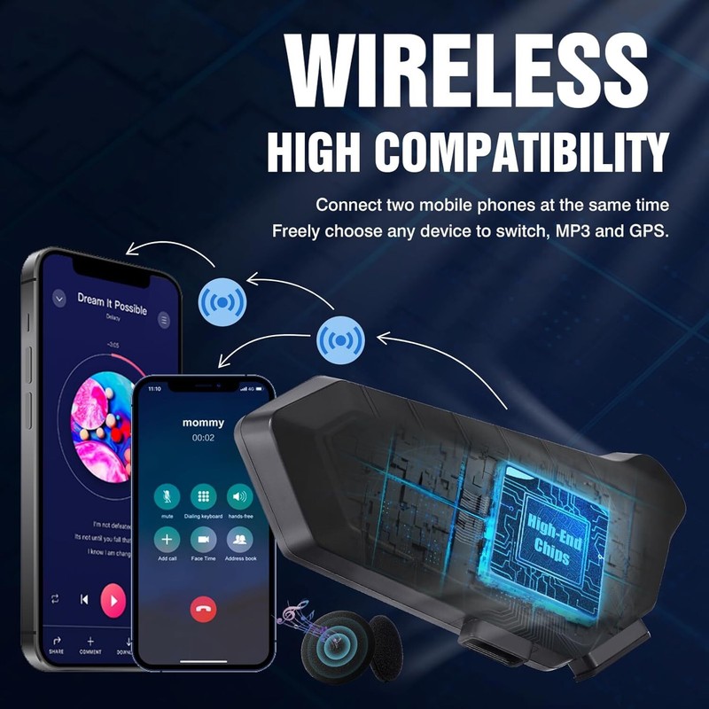 Bluetooth 5.3 Motorcycle Helmet Headset Waterproof Headphone Hands-Free LED IPX6 gallery