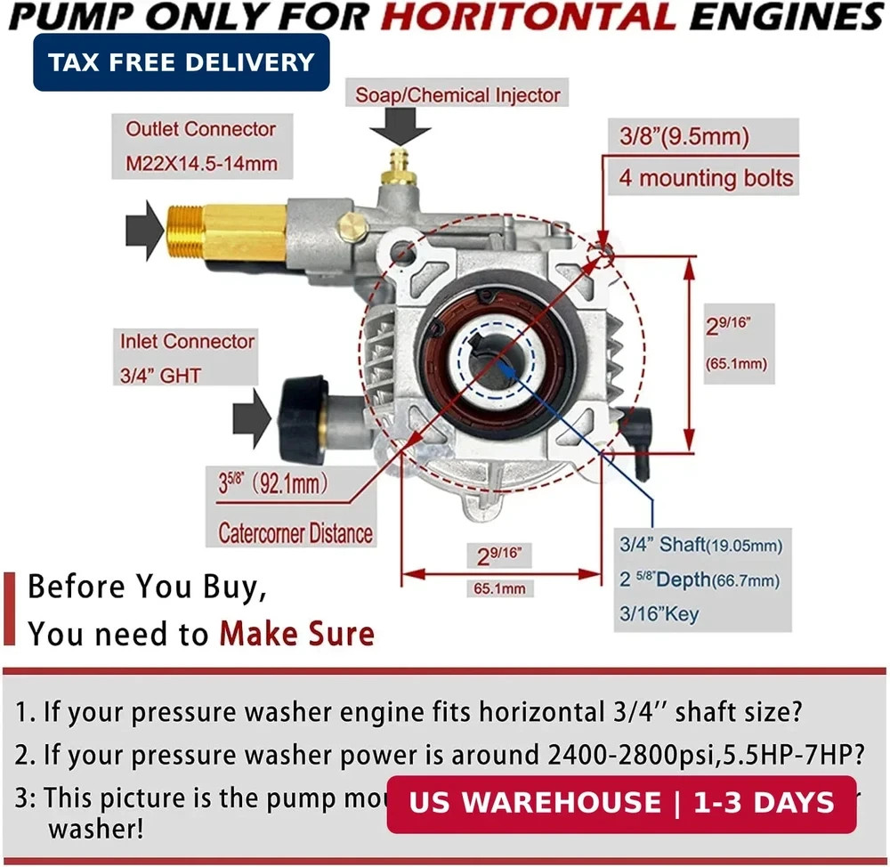 2400-2800PSI Pressure Washer Replacement Pump, 3/4" Shaft Horizontal Pressure Pu gallery