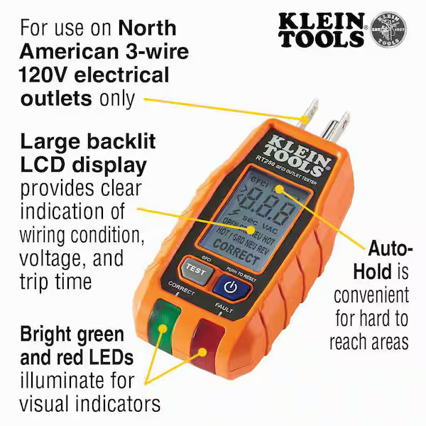 Klein Tools GFCI Electrical Outlet Tester with LCD Display gallery