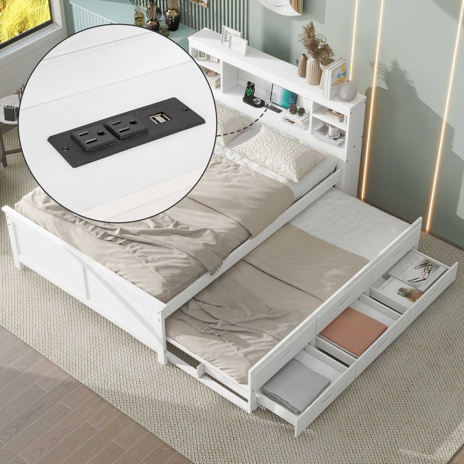 Full Size Platform Bed with Storage Headboard, USB, Twin Size Trundle and 3 Dr gallery