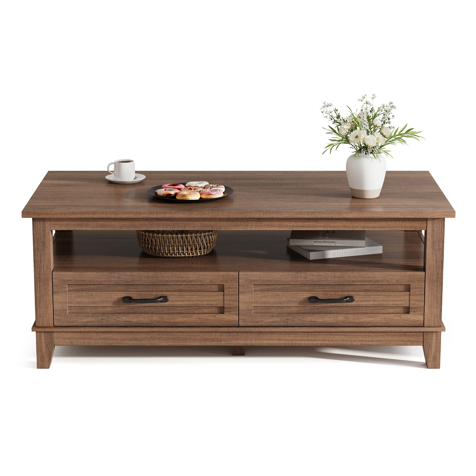 Farmhouse Coffee Table with 2 Drawers Rustic Wood Center Table for Living Room gallery