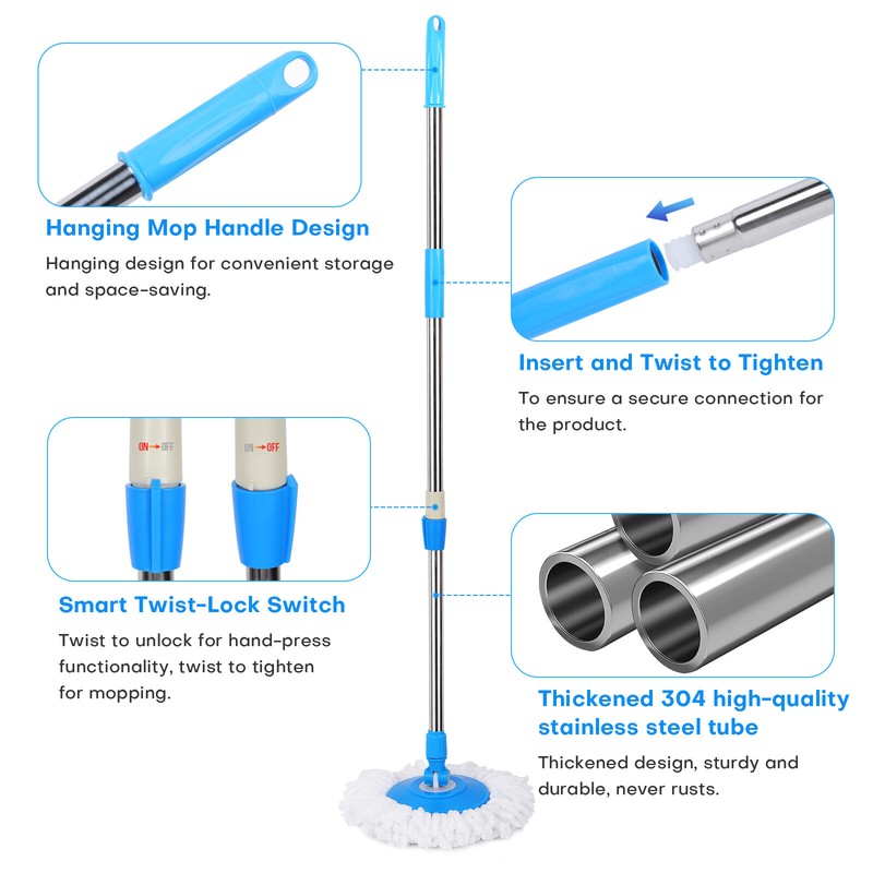 360° Rotating Spin Mop Handle Replacement Adjustable Pole 2 Microfiber Mop Heads gallery