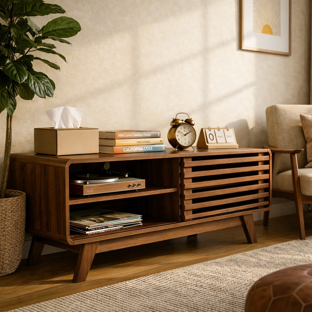 Low Profile Mid Century Modern TV Stand Slatted Sliding Door Media Console table gallery
