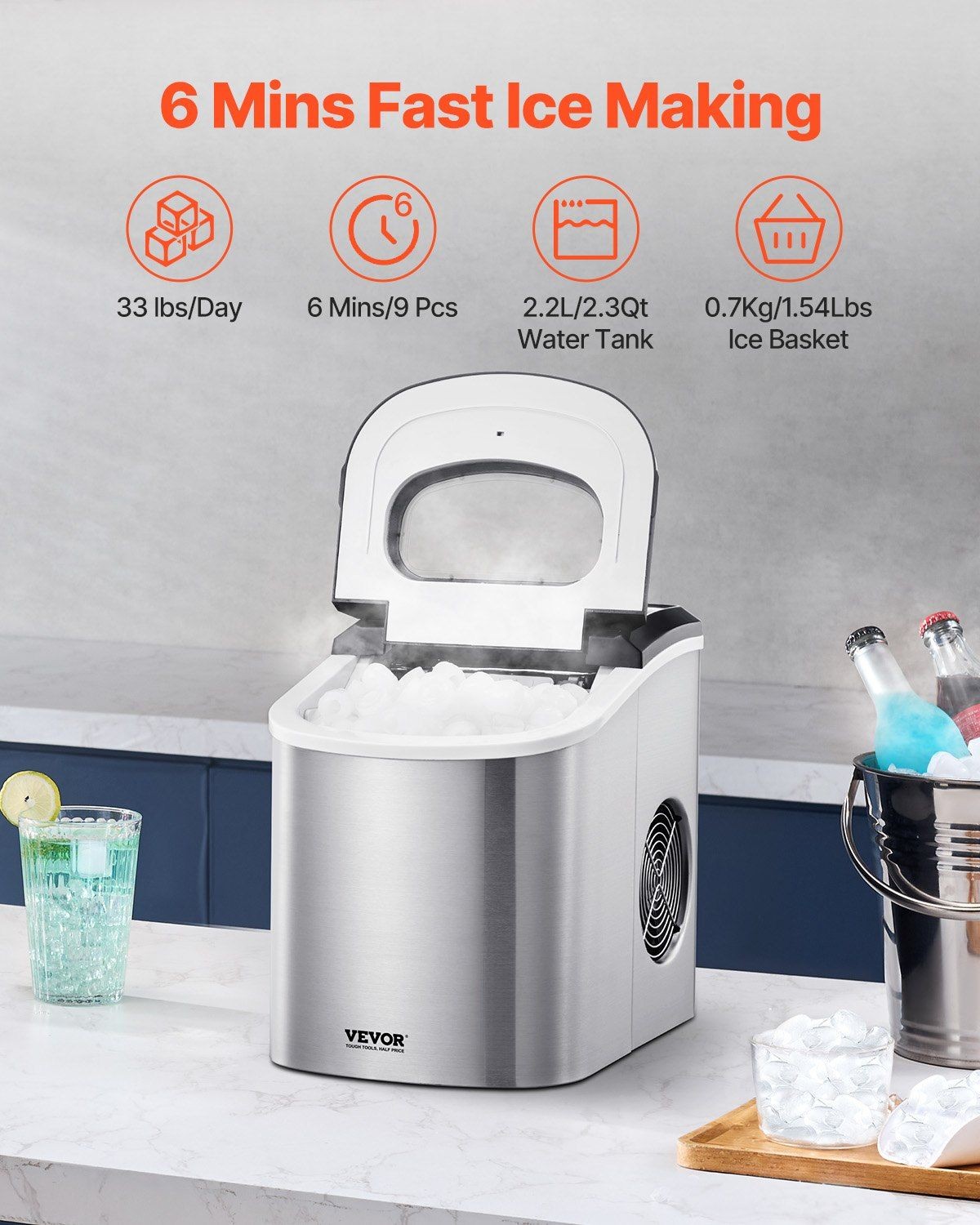 Quick Ice Maker: 9 Cubes in 6 Min, 2.2L, 33lb/24H, for Home Office Bar gallery