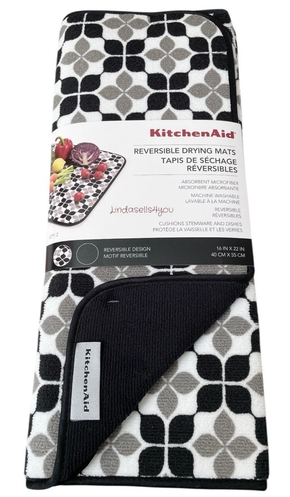 KitchenAid Dish Drying Mats 16 x 22" Black/White, Gray 2 Piece Reversible Set gallery