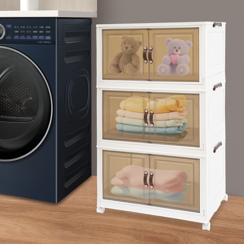 3PCS Foldable Stackable Storage Cabinets with Wheels White 25.59*16.54*43.5in US gallery