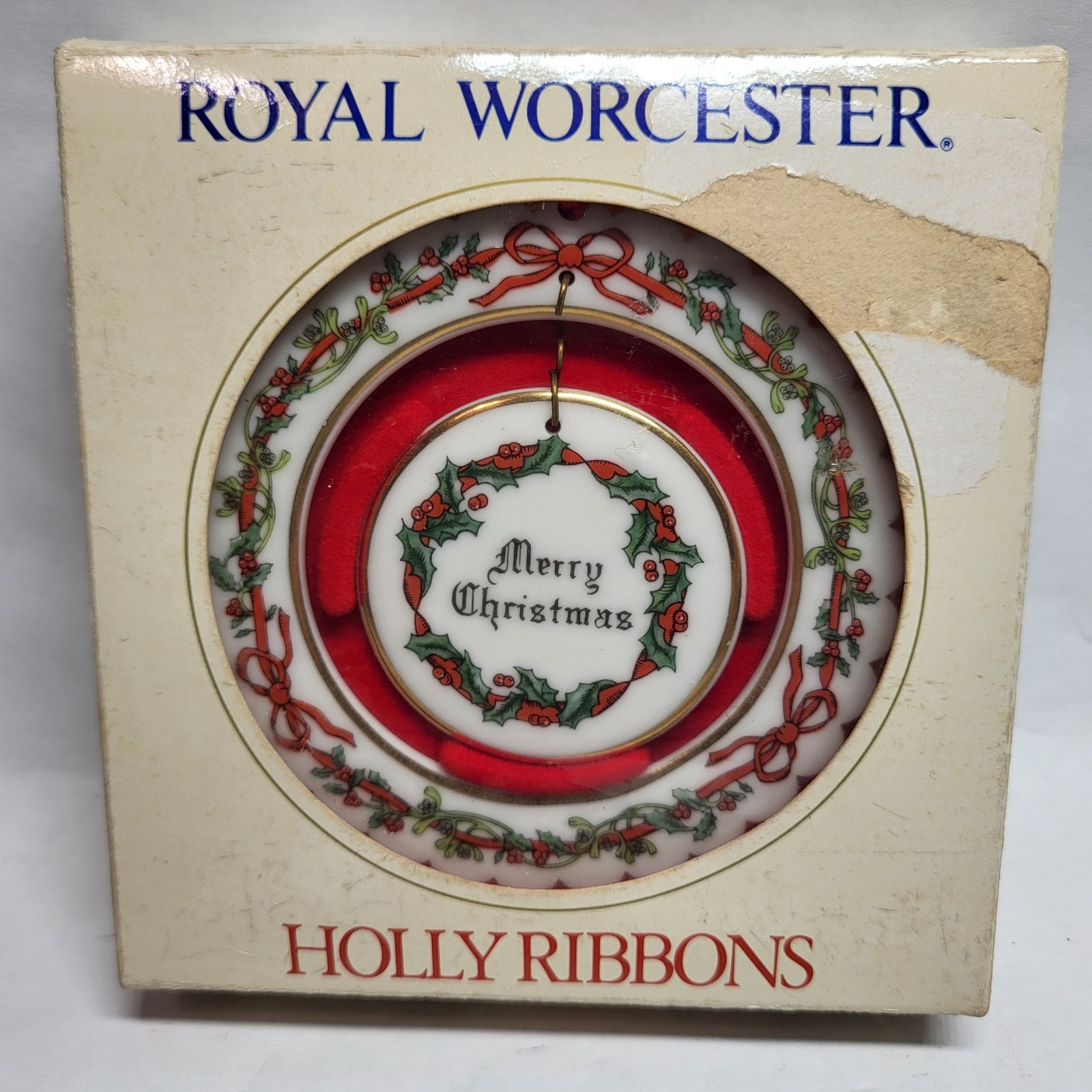 Royal Worcester Holly Ribbons ORNAMENT Merry Christmas Porcelain Vtg 1987 NOS gallery