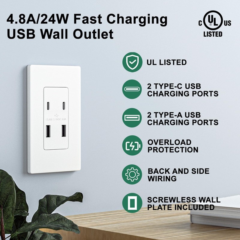 2PACK USB Outlet with 4.8A/24W Type A & Type C USB Charging Ports UL Listed gallery