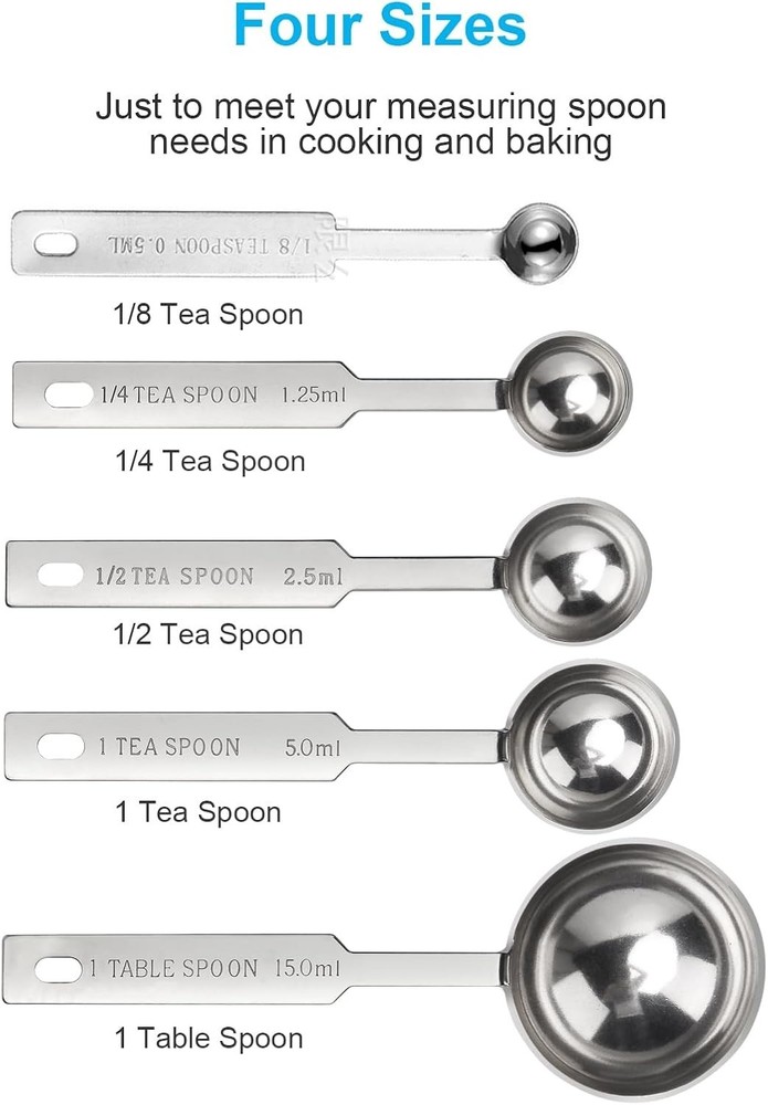 5PCS Measuring Spoons Set, Includes 1/8 tsp, 1/4 tsp, 1/2 tsp, 1 tsp, 1