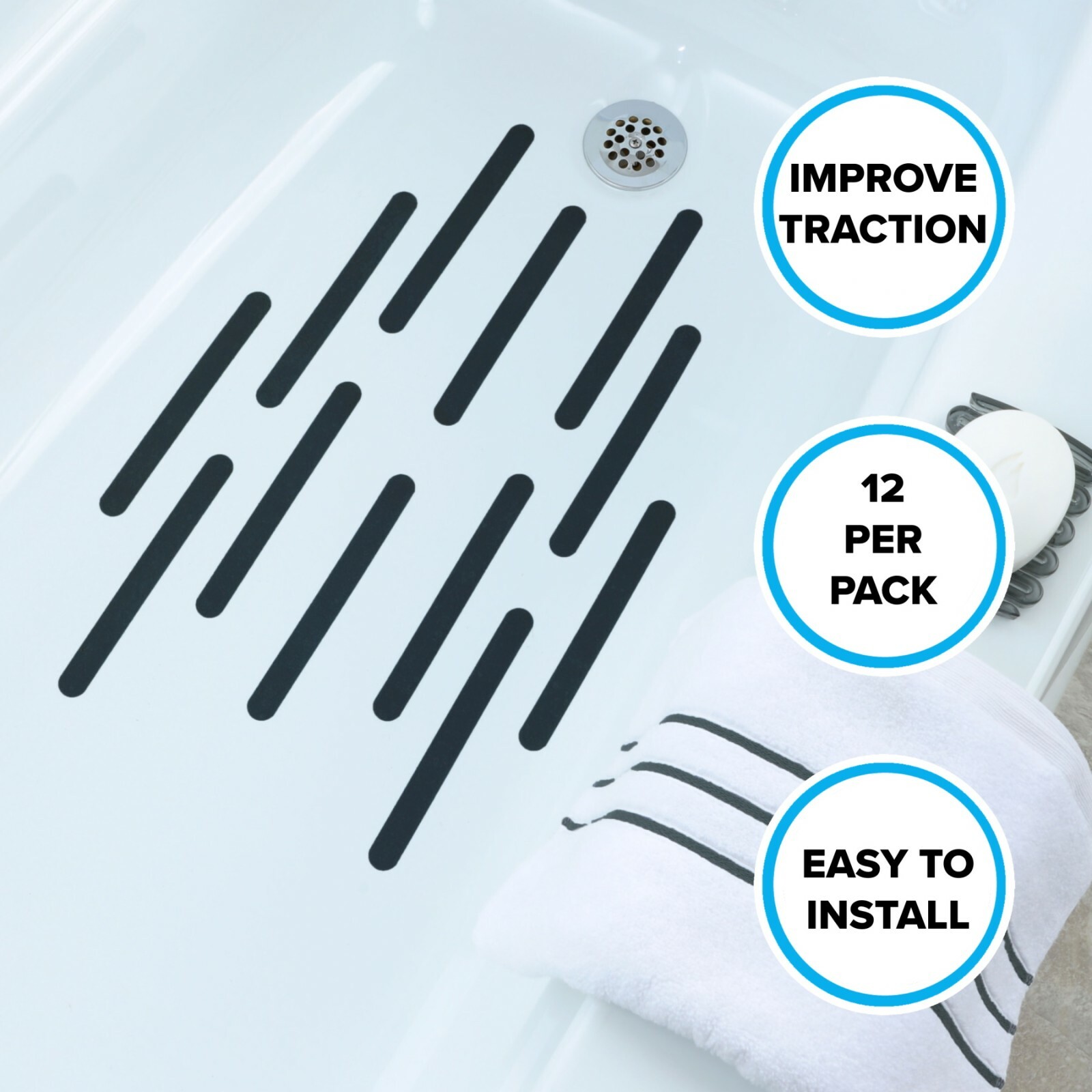 7.5" Bath Tub Shower Safety Adhesive Treads with Microban in Black, 12 Pack gallery