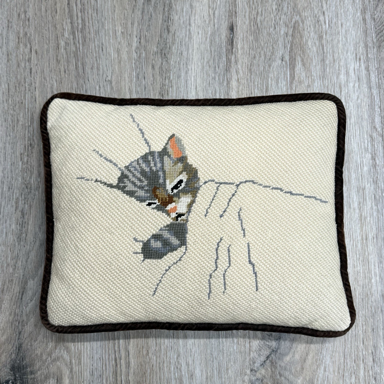 Vintage CHESSIE CAT Needlepoint Pillow Brown Velvet Back 14"x11" Grannycore gallery
