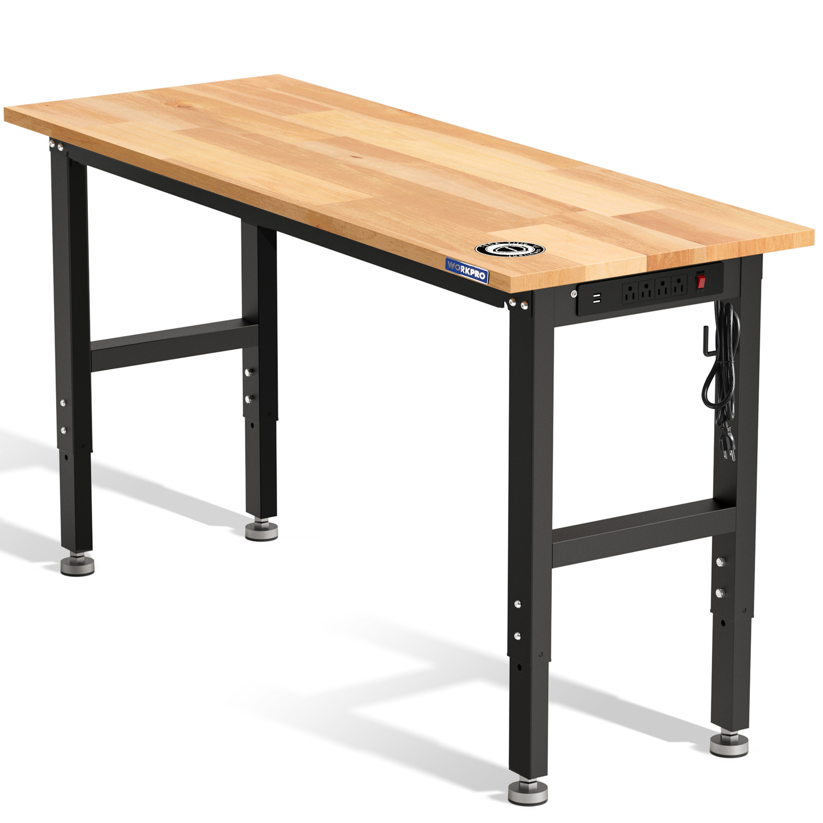 WORKPRO Adjustable Garage Workbench60x24Rubber Wood Top Heavy-Duty Power Outlets gallery