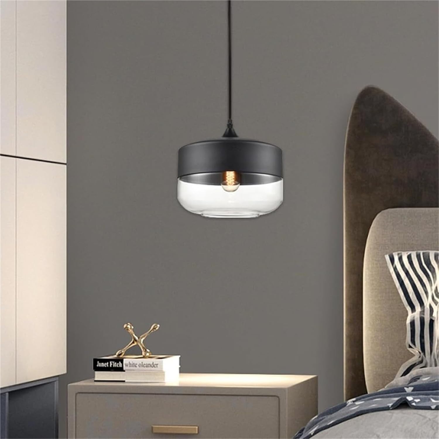 Mid Century Modern Pendant Light Black Clear Glass Shade 9.8" Adjustable gallery