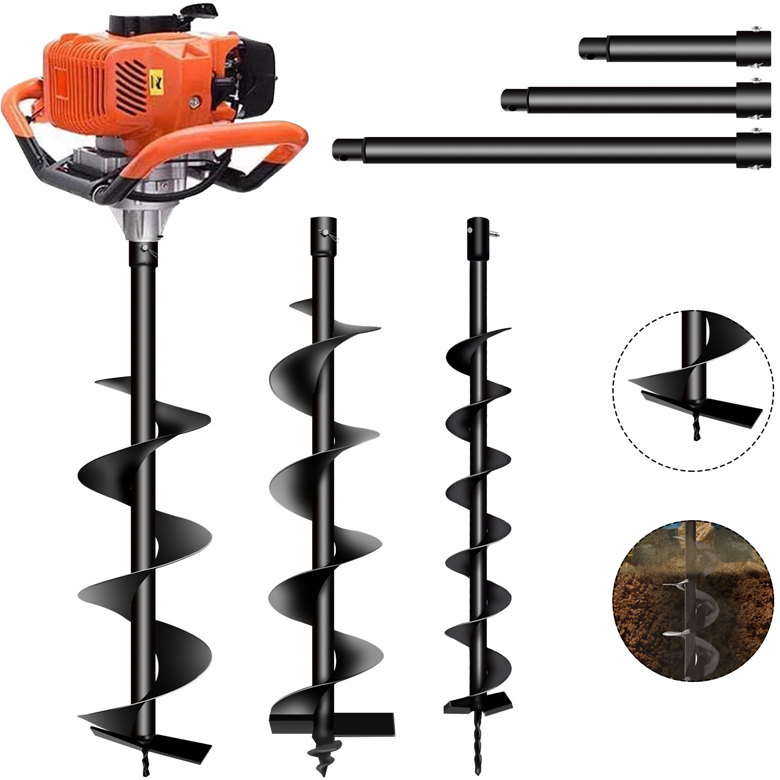 72CC Gas Powered Post Hole Digger w/ 3 Auger Bits (4", 6", 8") & 3 Rods gallery