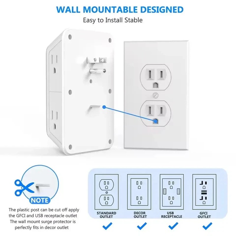 6 Outlet Extender Surge Protector Multi Plug Wall Adapter USB Charger Ports with gallery