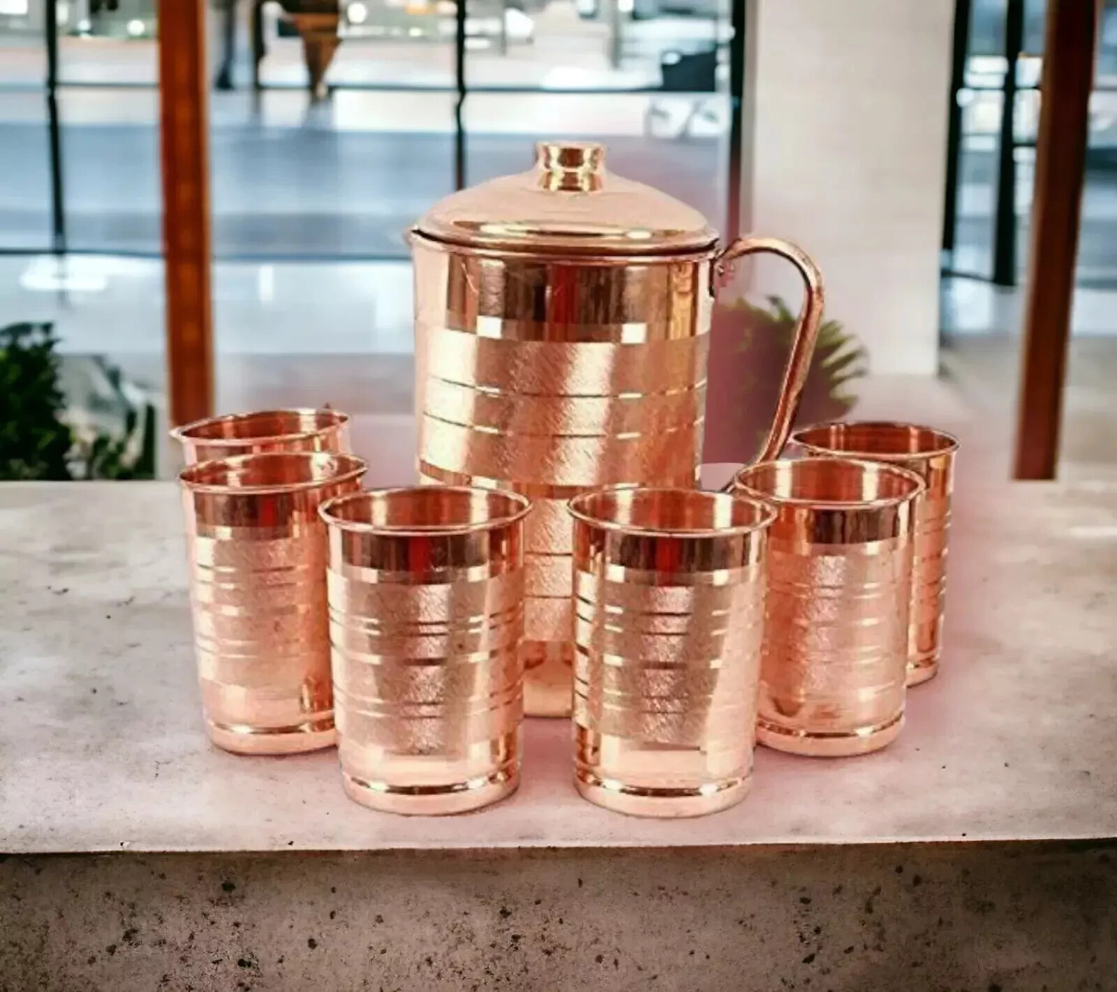 100% Pure Copper Water Jug Pitcher With Tumbler Glass Ayurveda Benefits Set Of 7 gallery