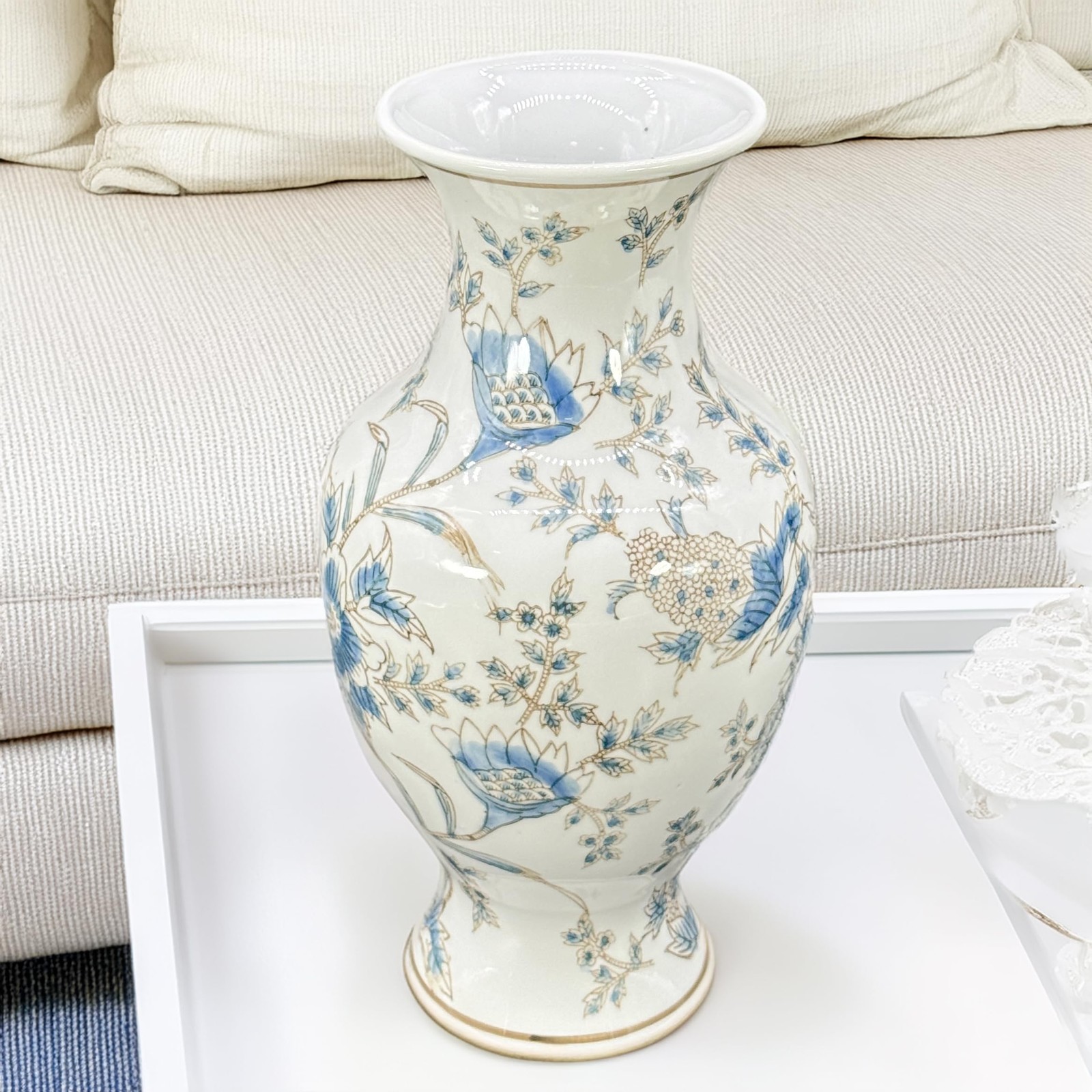 14” Hand Painted Chinoiserie Ceramic Vase – Antique Style Porcelain Flower Bo... gallery