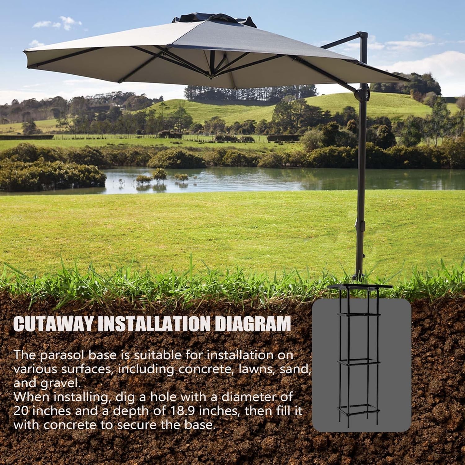 In-Ground Umbrella Base for Offset Cantilever Umbrellas, Heavy-Duty Steel Outdoo gallery