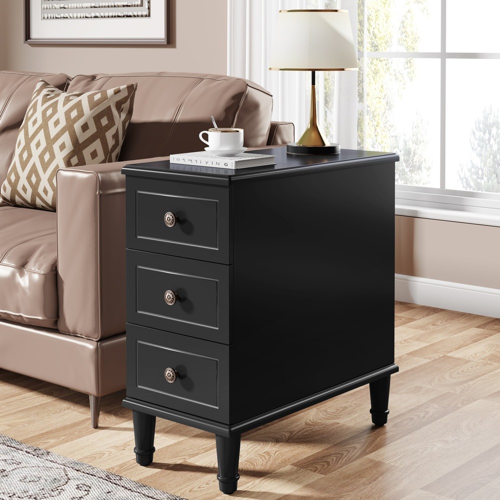 Solid Wood End Table, Fully Assembled Narrow Side Table with 3 Drawers Black