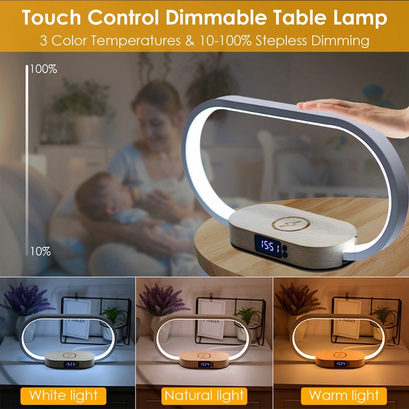 Bedside Lamp w/Wireless Charger Clock USB Charging Port Touch Control Nightstand gallery