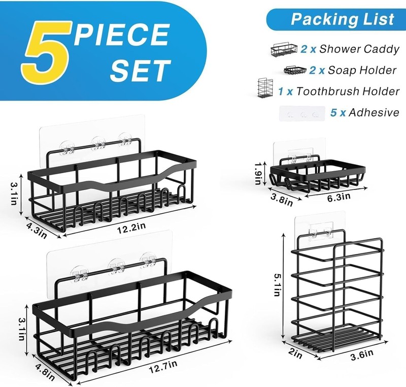 5-Pack Rustproof Stainless Steel Shower Caddy Set– No Drill Adhesive Bathroom... gallery