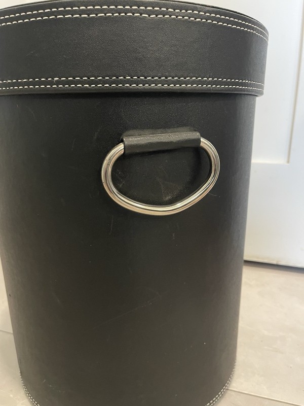 Vintage Black Round Leather Storage Bin 15” X 11 1/2” Velvet Lined Hard Shell gallery