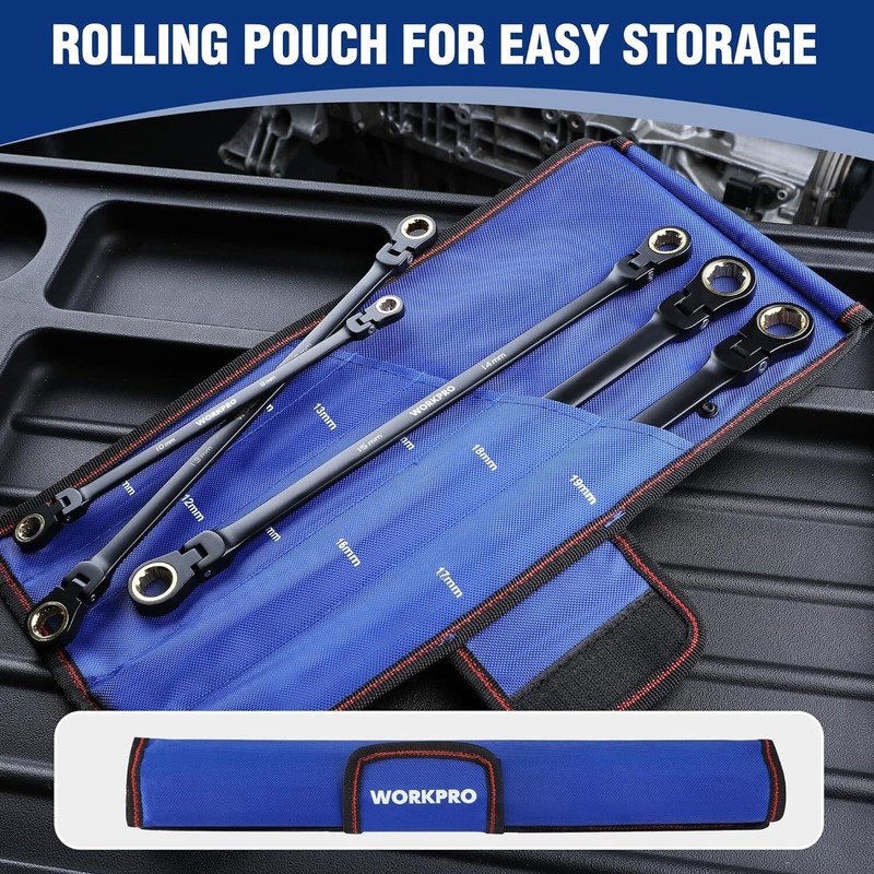 WORKPRO 5-piece Extra Long Flex-Head Ratcheting Wrench Set Anti-Slip w/Pouch NEW gallery