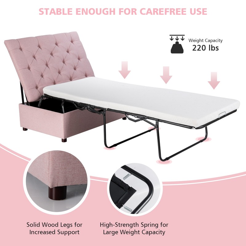 Costway Folding Ottoman Sleeper Bed w/Mattress Convertible Guest Bed Pink gallery