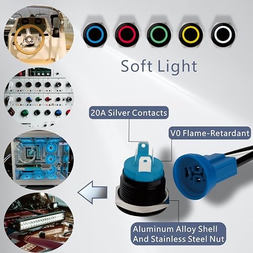 LED Latching Aluminum Push Button Switch2-24V DC 20ANO On Off with 19mm 1 Blue gallery
