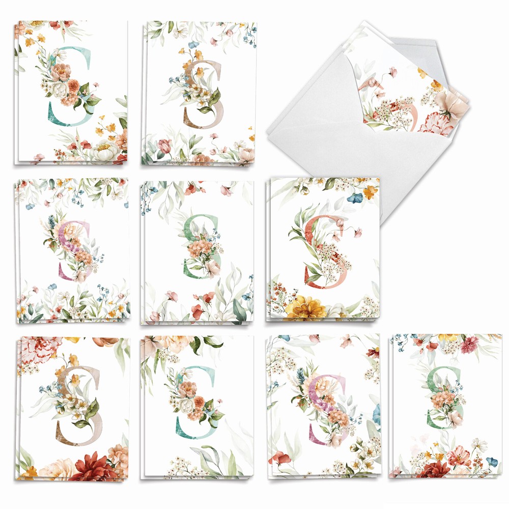 20 Asst'd Blank Notecards w/ Envelopes (10 Designs, 2 Each) Flowering Initial S
