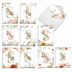 20 Asst’d Blank Notecards w/ Envelopes (10 Designs, 2 Each) Flowering Initial S
