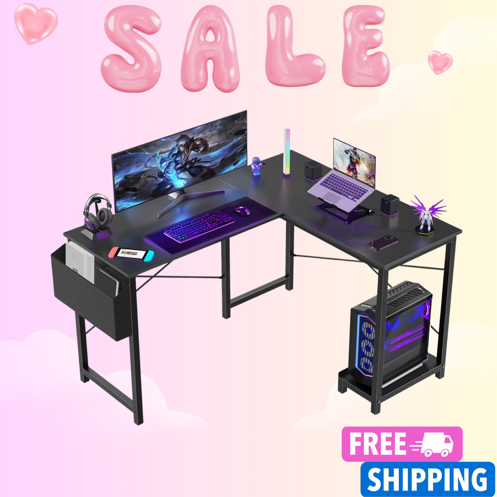 NEW L Shaped Corner Computer Desk Gaming PC Table CPU Stand Side Bag Black 50 In gallery