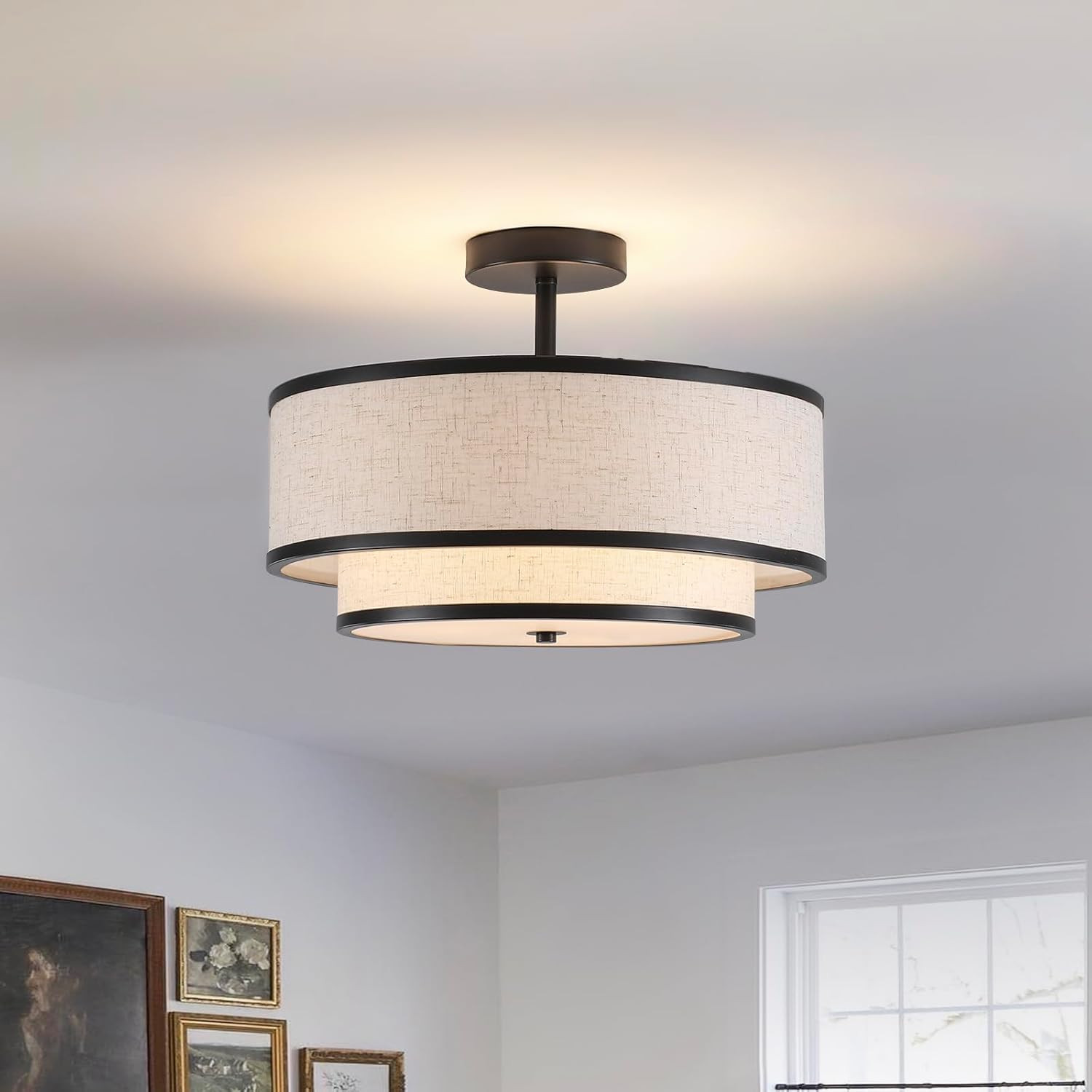 Farmhouse 3-Light Flush Mount Ceiling Light with Fabric Shade - Black gallery