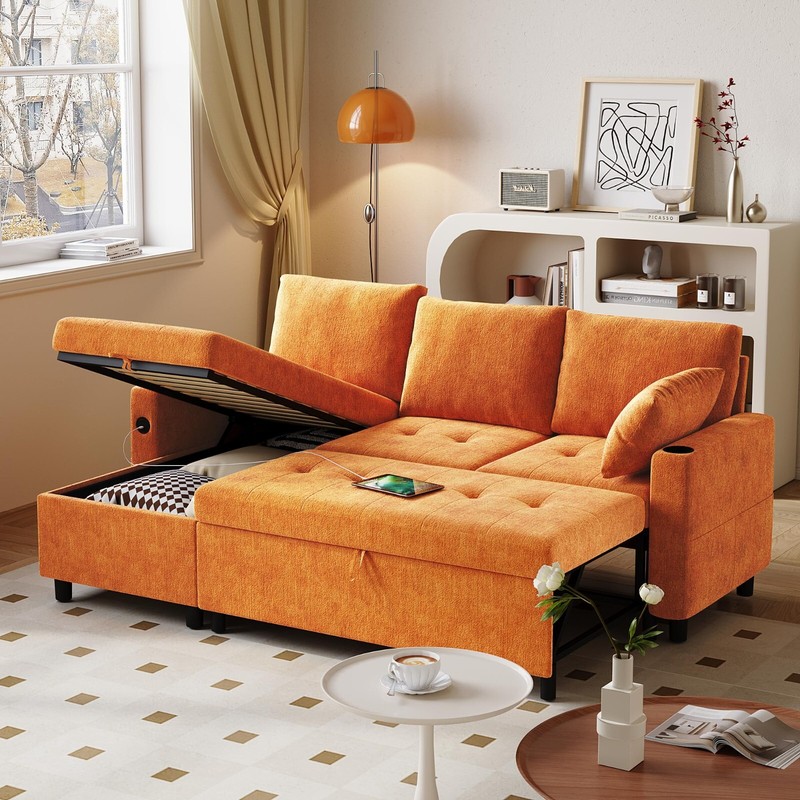 Sectional Sleeper Sofa Couch Leather Pull Out Bed Reversible Storage Chaise USB gallery