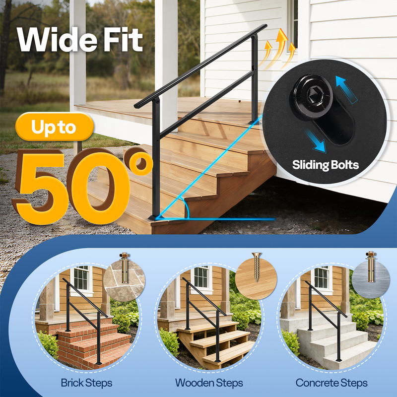 Outdoor Stair Handrail 5 Step Adjustable Railing Galvanized Steel Black 2 Pack gallery