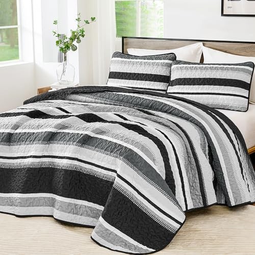 Quilt, 3 Pieces Striped Bedspread Coverlet Set with Shams, King Black gallery